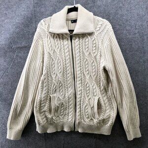 Gap Full Zip Sweater Mens L Ivory Beige Cable Knit Fisherman Cotton Wool Collar